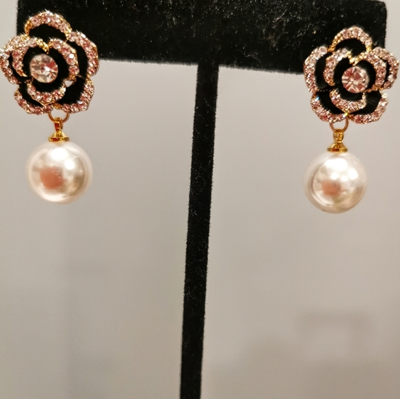 Earrings Camellia flower, dangle earrings Swarovski pearls, designer earrings,ce - Picture 4 of 8